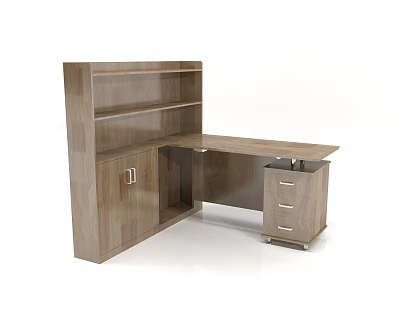 L Shaped Wooden Modern Office Desk With Open Shelves Cabinet Door And Three Drawers Unit 3d model