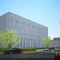 Modern White Office Building Exterior Design With Trees Greenery And Parking Cars