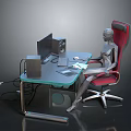 Modern Office Desk Setup with Computer Monitor Keyboard Mouse Red Chair and Silver Human Figure