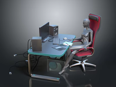 Modern Office Desk Setup with Computer Monitor Keyboard Mouse Red Chair and Silver Human Figure 3d model
