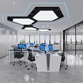 Modern Public Office Space With White Desks Black Chairs And Hexagonal Ceiling Lights