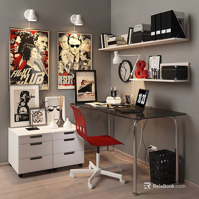 Stylish Glass Top Desk With Red Chair Posters Shelf Books Clock And Stationery 3d model 
