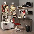 Stylish Glass Top Desk With Red Chair Posters Shelf Books Clock And Stationery