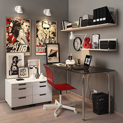 Stylish Glass Top Desk With Red Chair Posters Shelf Books Clock And Stationery 3d model
