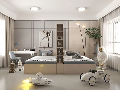 Cozy Kids Bedroom With Two Single Beds Desk Chair Toy Car Plant And Wall Art 3d model