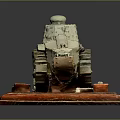 Detailed Military Vehicle Tank Model with Tracks and Turret on Wooden Display Base