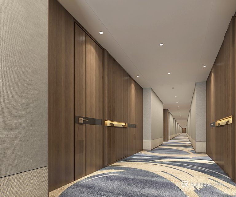 Modern Hotel Corridor With Wooden Walls Gold Door Plates Recessed Lights And Patterned Carpet 3d model 