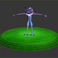 Blue Creature with Yellow Eyes Standing on Green Circular Platform Arms Outstretched