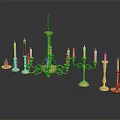 Golden Decorative Candelabra and Candlesticks as Home Furniture with Lit Candles and Dark Surface Reflections