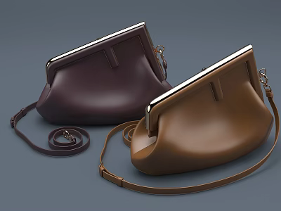 Two Stylish Leather Bags Dark Brown and Brown with Metal Frame and Adjustable Shoulder Straps 3d model