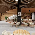 Modern Cafe Interior Design With Wooden Ceiling Pendant Lights Tables Chairs And Green Plants