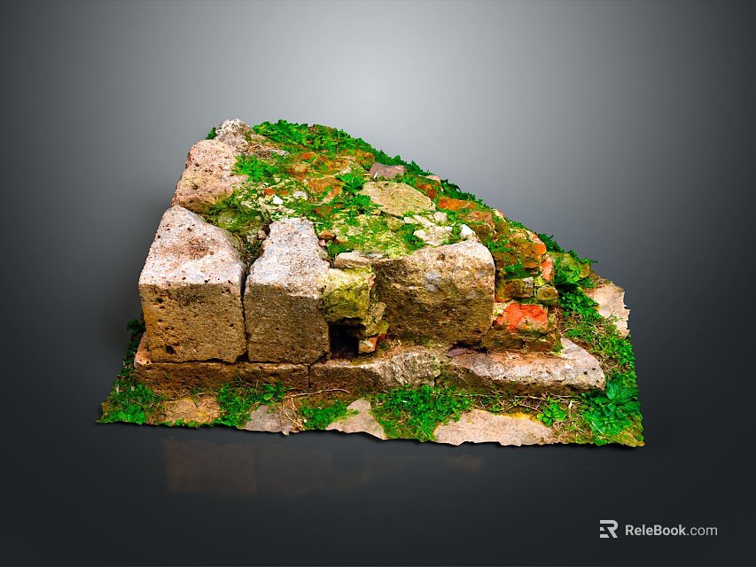 Natural Landscape Of Ancient Stone Pile Covered In Green Moss And Colorful Stones 3d model 