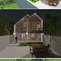 Modern Guesthouse Building With Sloped Roof Large Glass Windows Outdoor Terrace And Green Trees