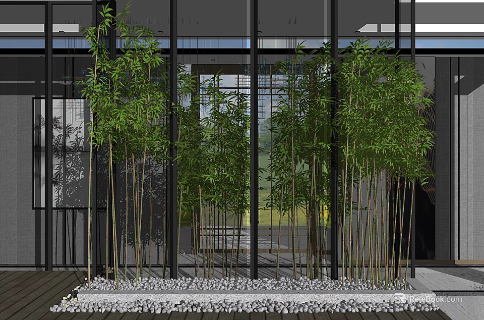 Tall Bamboo Plants in Modern Interior Space With Decorative Pebbles and Glass Wall Backdrop 3d model 