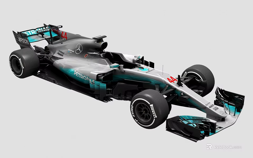 Mercedes Formula 1 Race Car With Silver Blue Aerodynamic Design And Tires 3d model 
