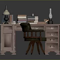 Vintage Pink Desk With Green Desktop And Green Chair Including Lamp Books Ink Bottle And Papers