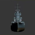 Detailed Warship Model Featuring Red and White Stripes on Bow and Stern with Blue Hull