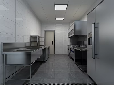 Commercial Kitchen Interior With Stainless Steel Countertops Cabinets Equipment And Tile Walls 3d model
