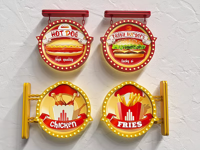 Vibrant Fast Food Logos Featuring Hot Dogs Burgers Chicken Fries And Neon Lights 3d model