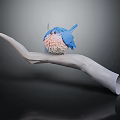 White Hand Resting Small Blue Pink Bird Plush Toy On Black Background
