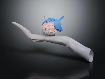White Hand Resting Small Blue Pink Bird Plush Toy On Black Background 3d model
