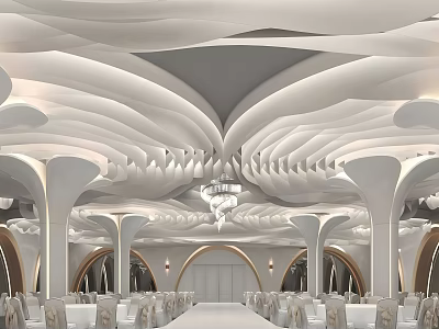 Luxurious Ballroom With White Wavy Ceiling Columns Chandelier And Arranged Tables Chairs 3d model