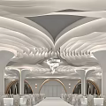 Luxurious Ballroom With White Wavy Ceiling Columns Chandelier And Arranged Tables Chairs