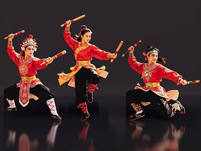 Group of Traditional Dancers Performing with Long Sticks in Red Costumes 3d model