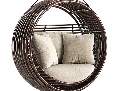 Hanging Rattan Sofa Stool with Round Design and Beige Comfortable Cushions 3d model