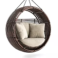 Hanging Rattan Sofa Stool with Round Design and Beige Comfortable Cushions