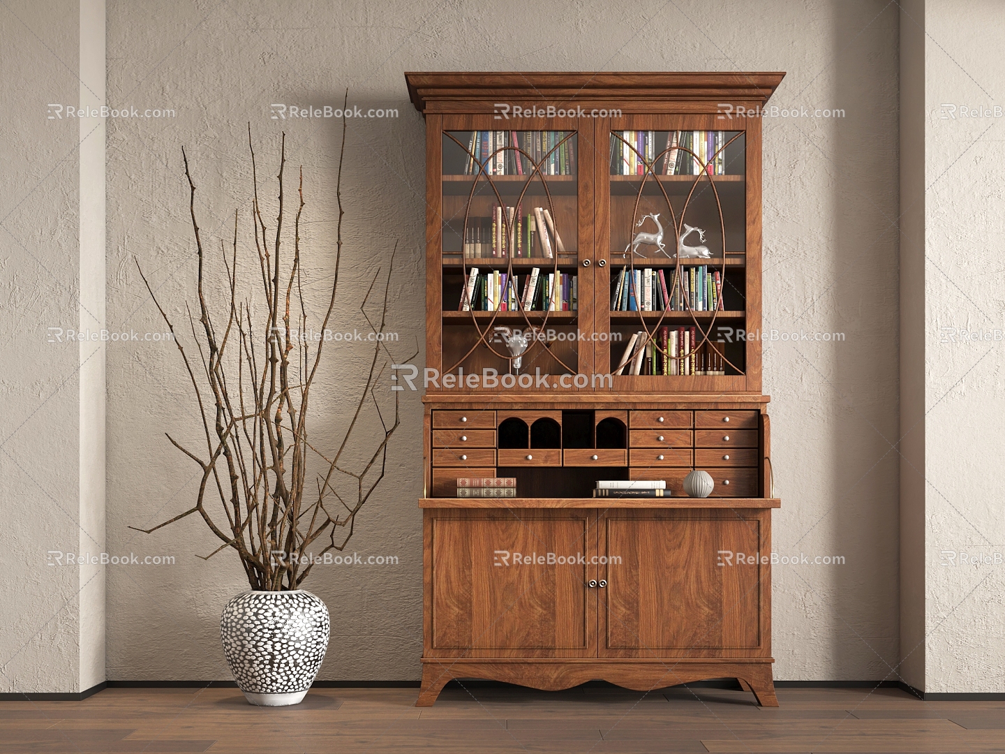 American Bookcase Antique Bookcase Decorative Cabinet Dried Branches 3d model