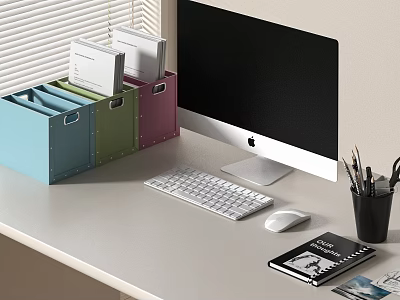 iMac Desktop Setup With Colorful File Organizers White Keyboard Mouse And Office Accessories 3d model