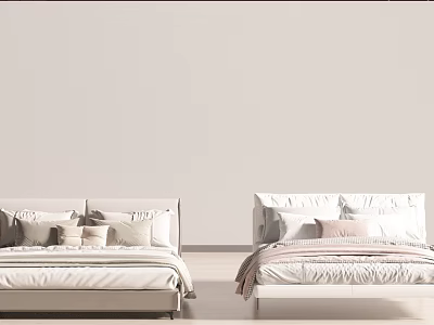 Two Modern Minimalist Double Beds On White Background With Pillows And White Pink Accent Linens 3d model