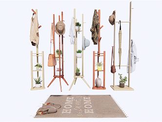 Modern Hanger Wooden Coat Rack Floor Hanger Plant Shelf Women's Clothing Clothes Hat Bag Umbrella Decoration Pot Hanging Basket Plant 3d model