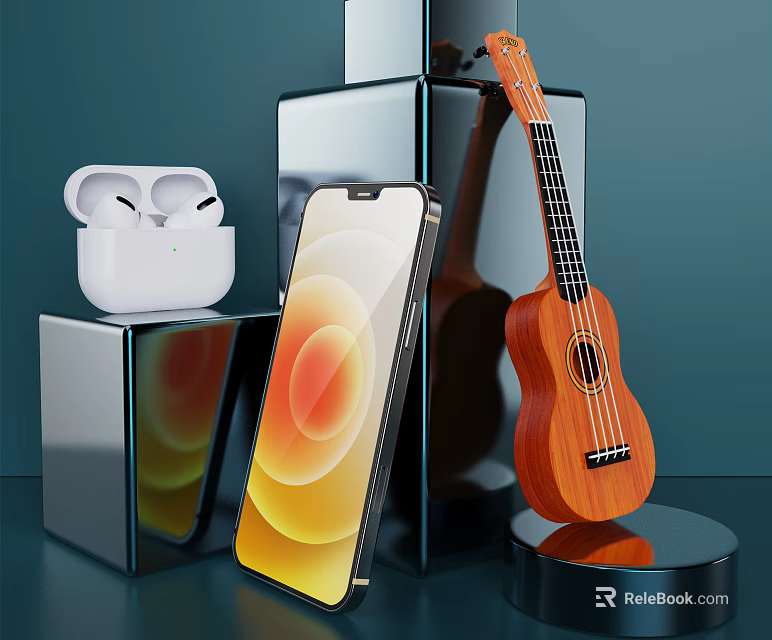 Latest Smartphone with Vibrant Screen and Wireless Earbuds on Metallic Cube Stands 3d model 