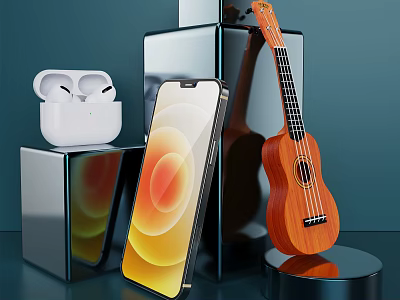 Latest Smartphone with Vibrant Screen and Wireless Earbuds on Metallic Cube Stands 3d model