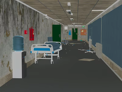 Dilapidated Hospital Corridor With Multiple Hospital Beds Water Dispenser Red Fire Hydrant And Scattered Items 3d model