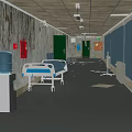 Dilapidated Hospital Corridor With Multiple Hospital Beds Water Dispenser Red Fire Hydrant And Scattered Items