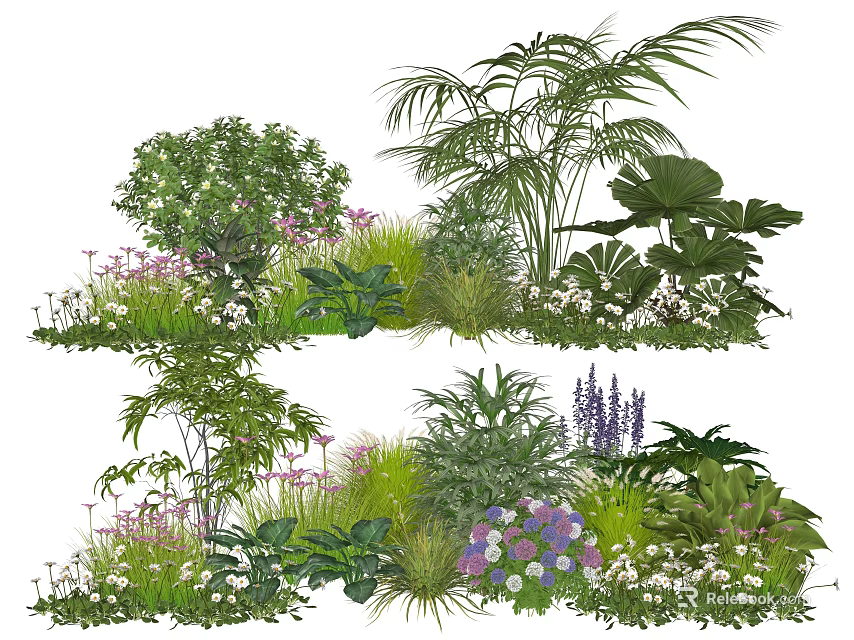 Lush Plant Combination Featuring Green Shrubs Colorful Flowers And Leafy Plants 3d model 