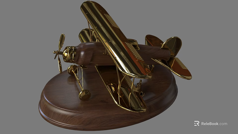 Decorative Ornament Set With Golden Biplane Model On Vintage Wooden Base 3d model 