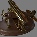 Decorative Ornament Set With Golden Biplane Model On Vintage Wooden Base