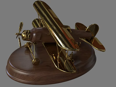 Decorative Ornament Set With Golden Biplane Model On Vintage Wooden Base 3d model