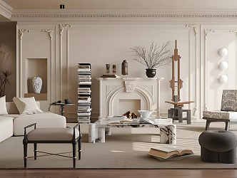 French Home Living Room Sofa Coffee Table Combination Leisure Chair Fireplace Floor Bookshelf 3d model