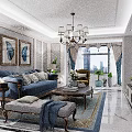 Modern Living and Dining Room Interior With Chandeliers Marble Floor TV Unit And Plants