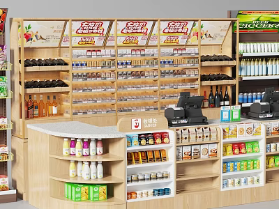 Supermarket General Merchandise Display With Shelves Full Of Various Products Food Items And Checkout Counter 3d model