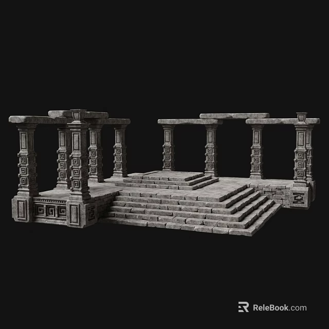 Ancient Architecture Structure With Intricate Stone Pillars And Carved Stone Steps 3d model 