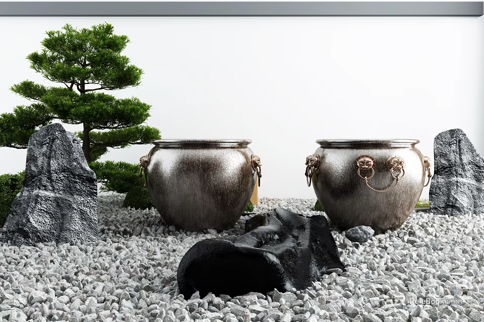 Garden Ornaments With Two Ceramic Jars Animal Head Handles Pebbles Rockery Stones And Pine Tree 3d model 