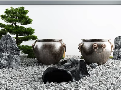 Garden Ornaments With Two Ceramic Jars Animal Head Handles Pebbles Rockery Stones And Pine Tree 3d model
