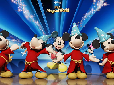 Disney Magical World Mickey Mouse Characters With Party Hats And Sparkling Lights 3d model