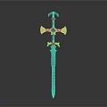 Green Decorative Sword With Ornate Handle And Blade 3D Rendered Design On Dark Background